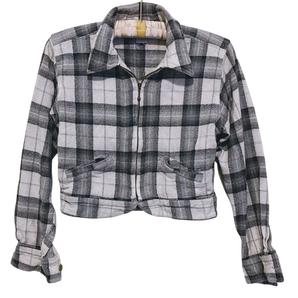 VTG Y2K Angelique Plaid Crop Zip Jacket Medium Gray 90s Grunge Indie Academia